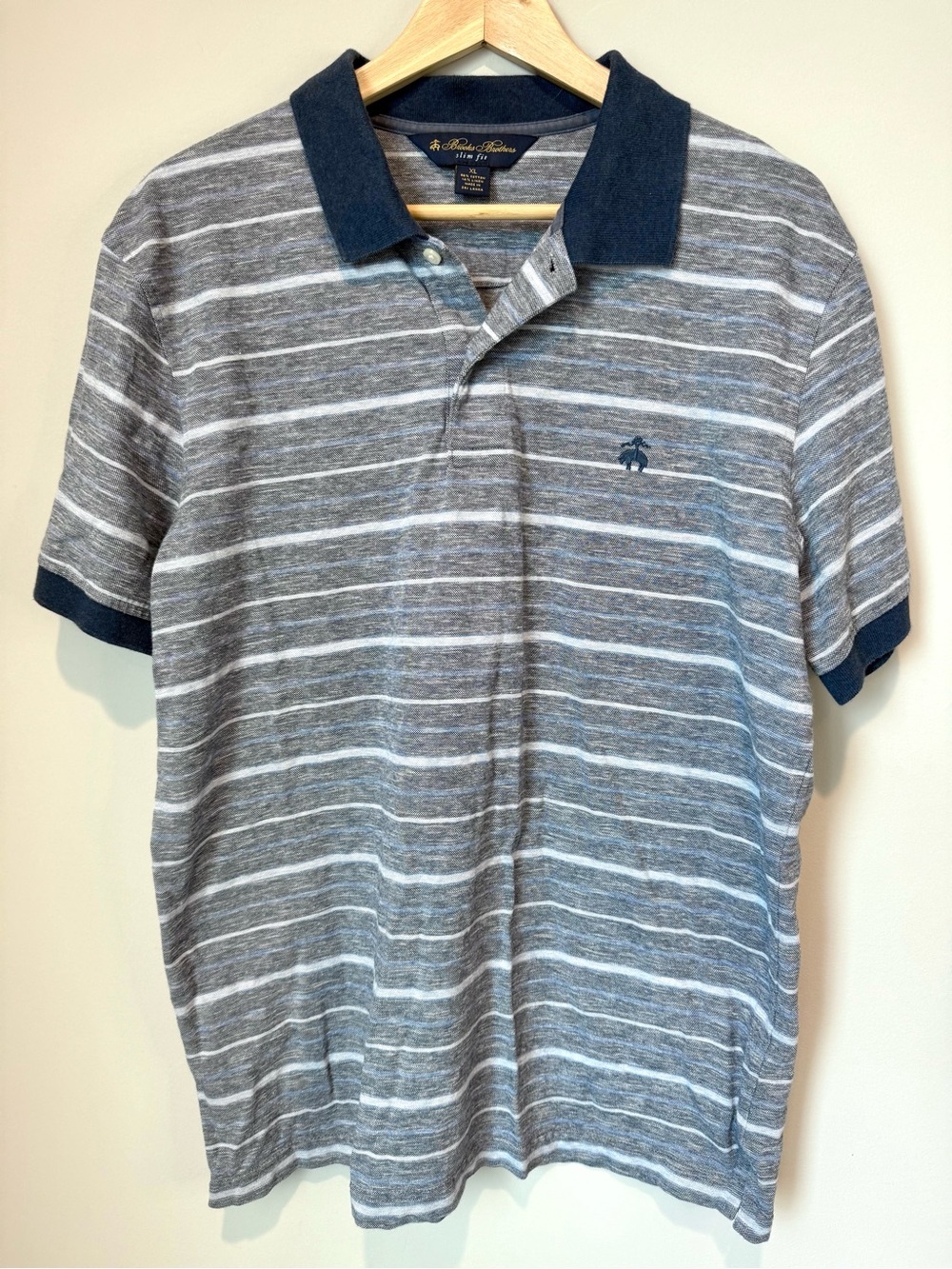 Brooks Brothers Men's Gray Striped Polo with Navy Trim Slim Fit XL